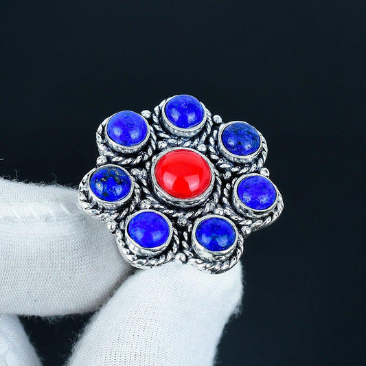 Red Coral & Lapis Lazuli Sterling Silver Ring