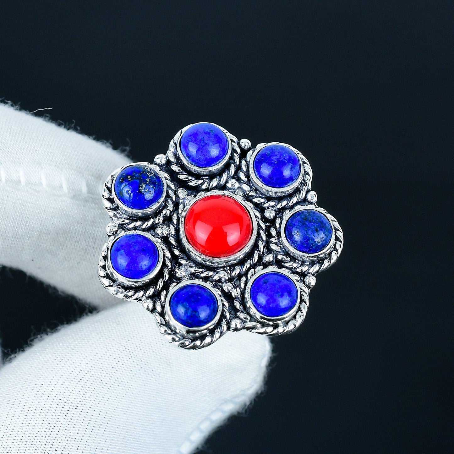 Red Coral & Lapis Lazuli Sterling Silver Ring