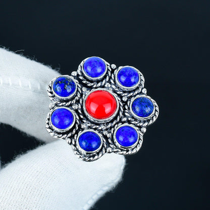 Red Coral & Lapis Lazuli Sterling Silver Ring