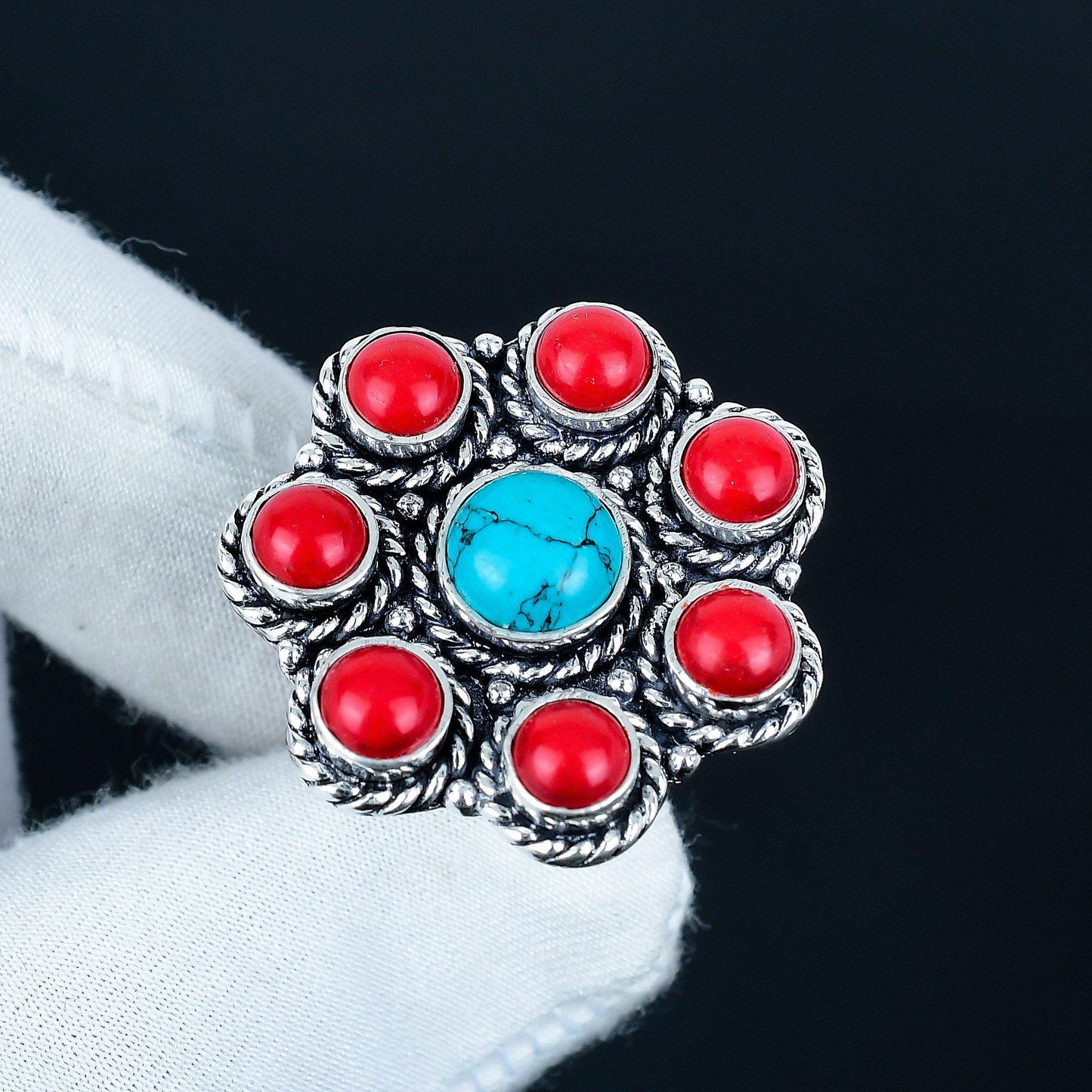 Turquoise & Red Coral 925 Sterling Silver Ring