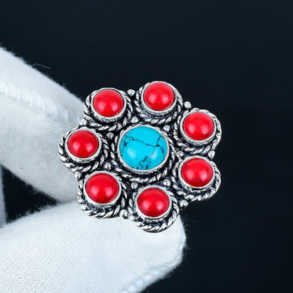 Turquoise & Red Coral 925 Sterling Silver Ring