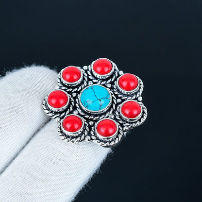 Turquoise & Red Coral 925 Sterling Silver Ring
