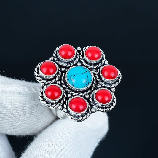 Turquoise & Red Coral 925 Sterling Silver Ring