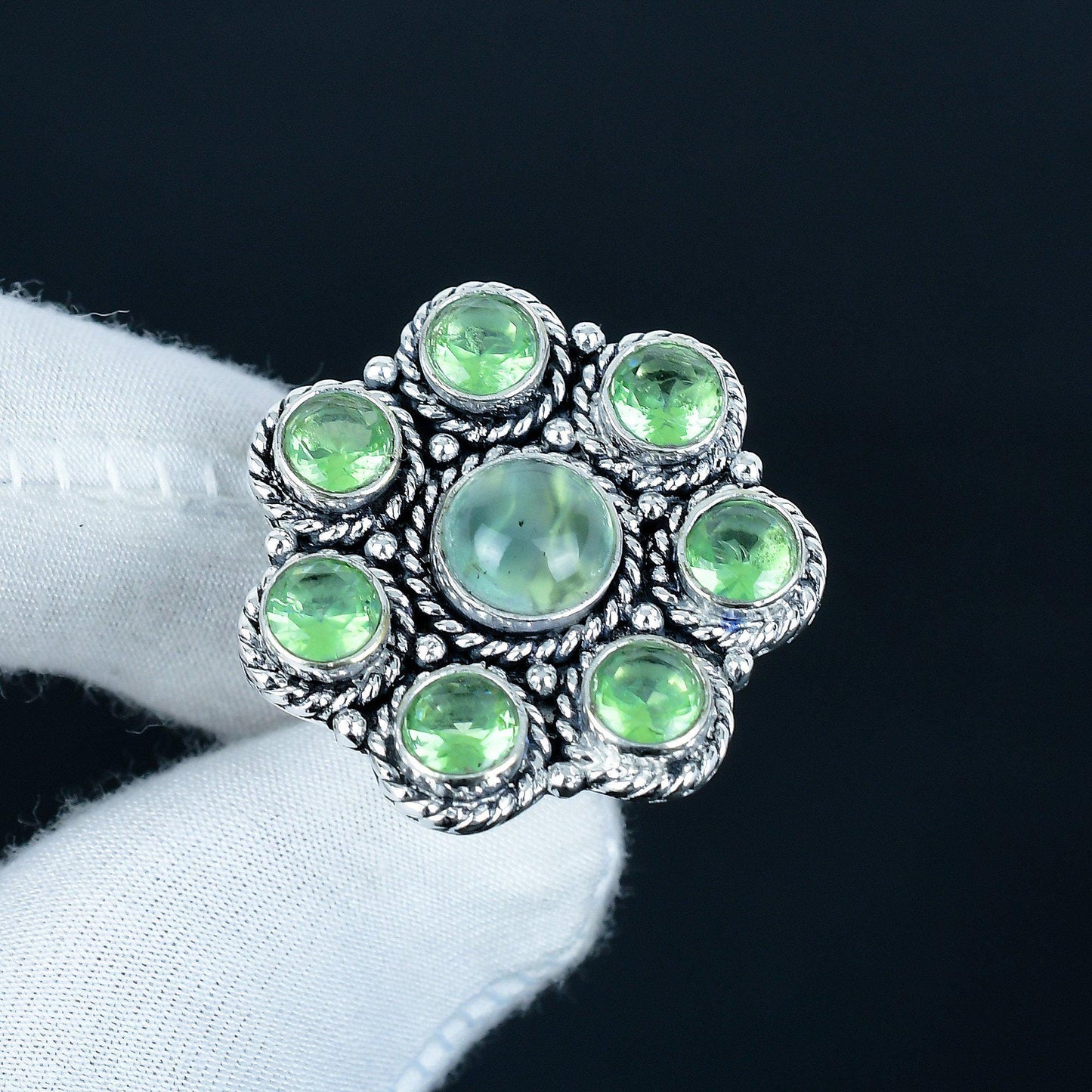 Green Prehnite & Peridot Silver Birthstone Ring