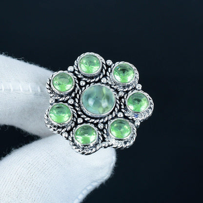 Green Prehnite & Peridot Silver Birthstone Ring