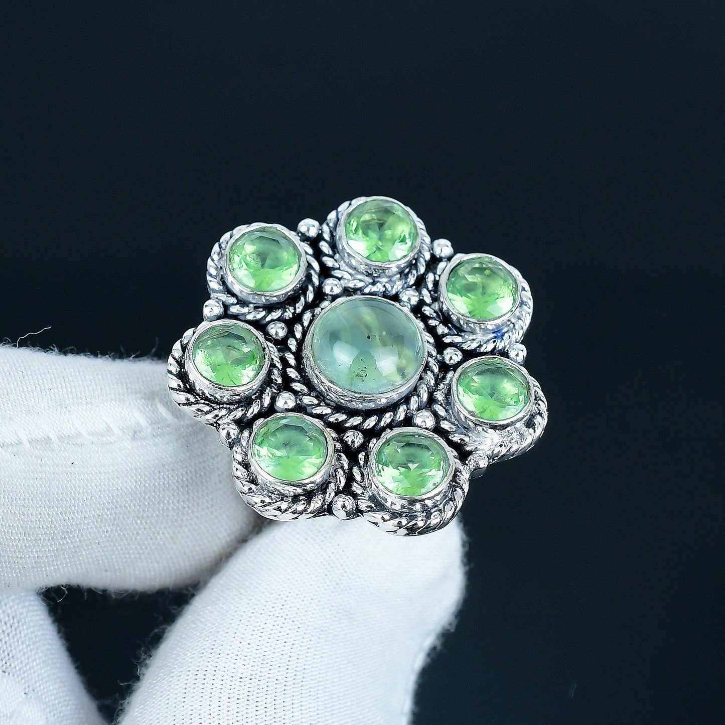 Green Prehnite & Peridot Silver Birthstone Ring
