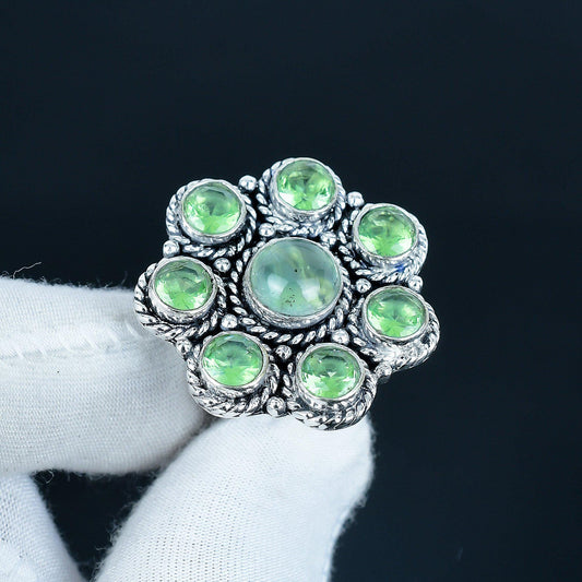 Green Prehnite & Peridot Silver Birthstone Ring