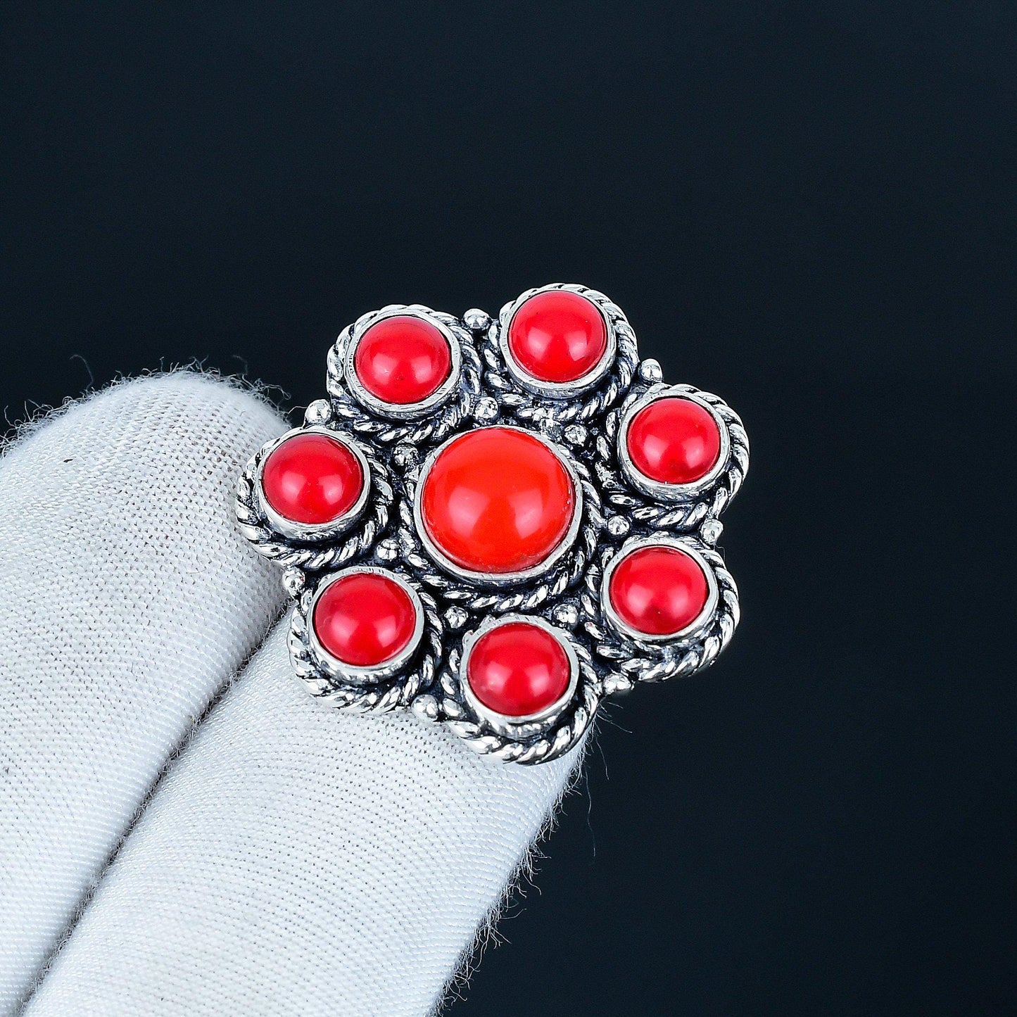Red Coral Sterling Silver Ring