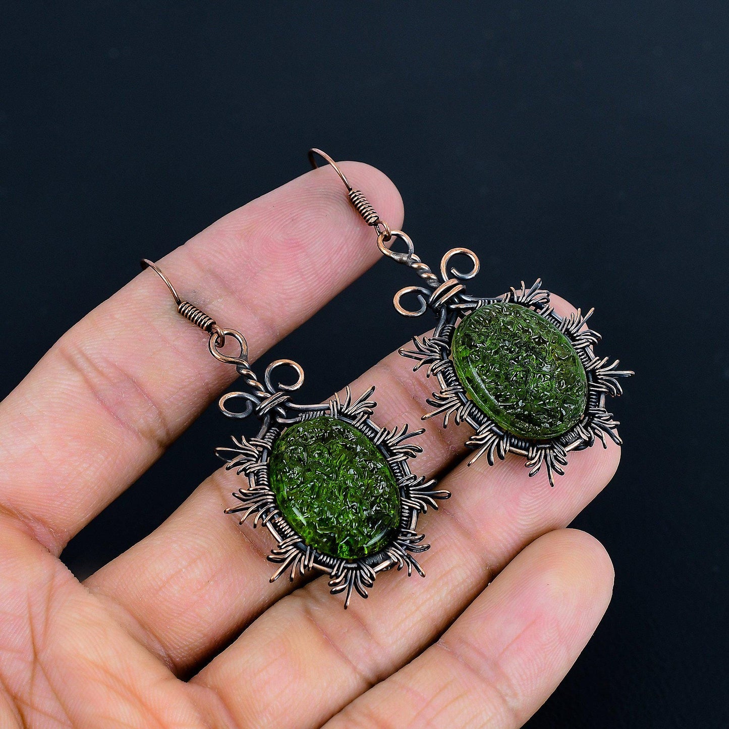 Green Moldavite Gemstone Copper Drop Earrings