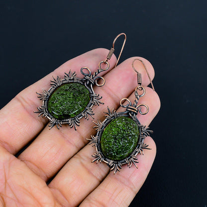 Green Moldavite Gemstone Copper Drop Earrings