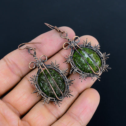 Green Moldavite Gemstone Copper Drop Earrings
