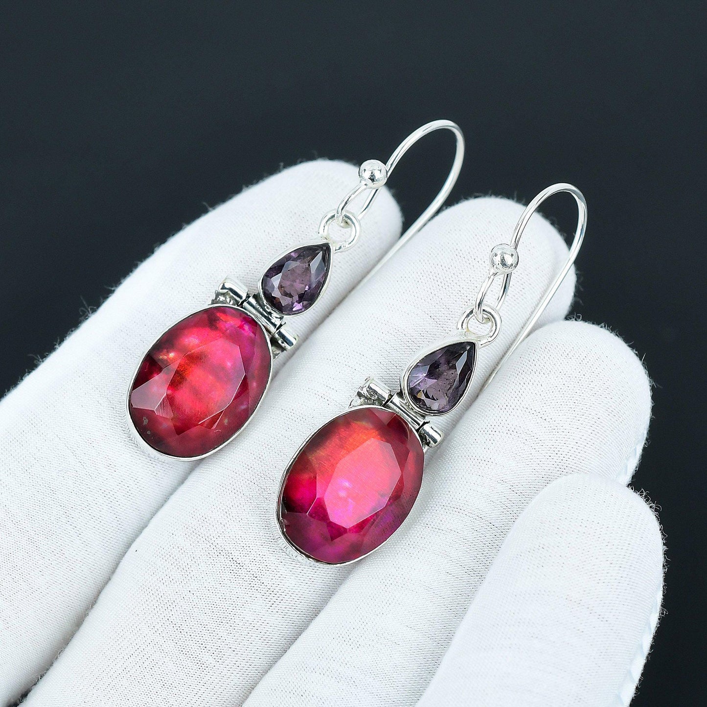 Multicolor Ammolite & Purple Amethyst Gemstone Drop Earrings