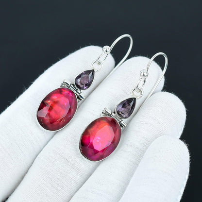 Multicolor Ammolite & Purple Amethyst Gemstone Drop Earrings