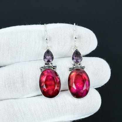 Multicolor Ammolite & Purple Amethyst Gemstone Drop Earrings