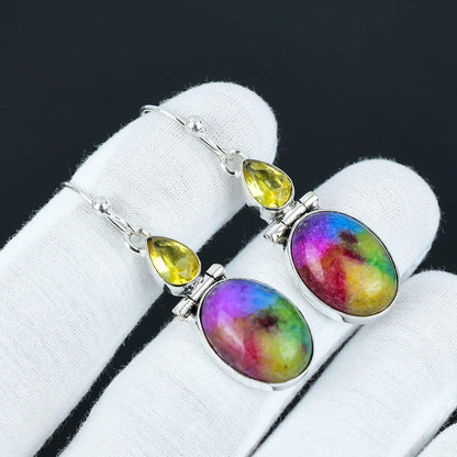 Rainbow Solar Quartz & Citrine Silver Drop Earrings