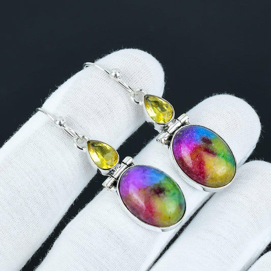 Rainbow Solar Quartz & Citrine Silver Drop Earrings