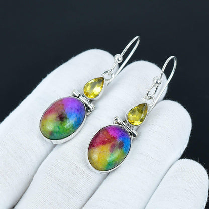 Rainbow Solar Quartz & Citrine Silver Drop Earrings