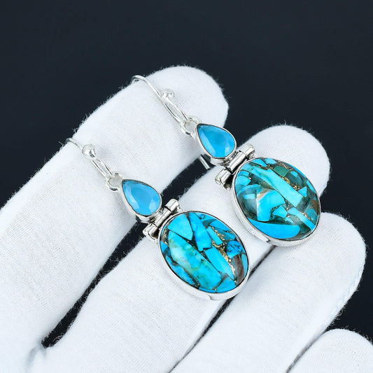 Copper Turquoise & Blue Chalcedony Silver Drop Earrings