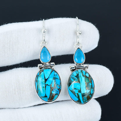 Copper Turquoise & Blue Chalcedony Silver Drop Earrings
