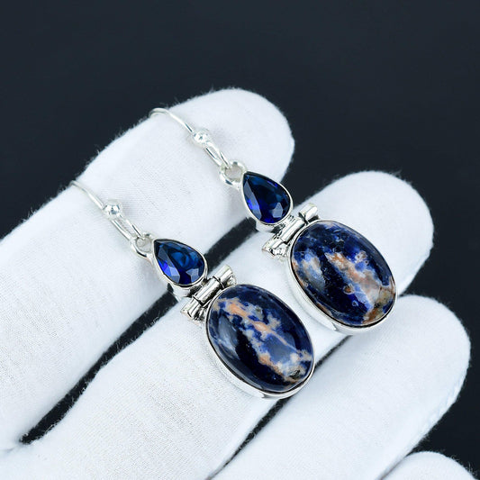 Blue Sodalite & Sapphire Gemstone Earrings