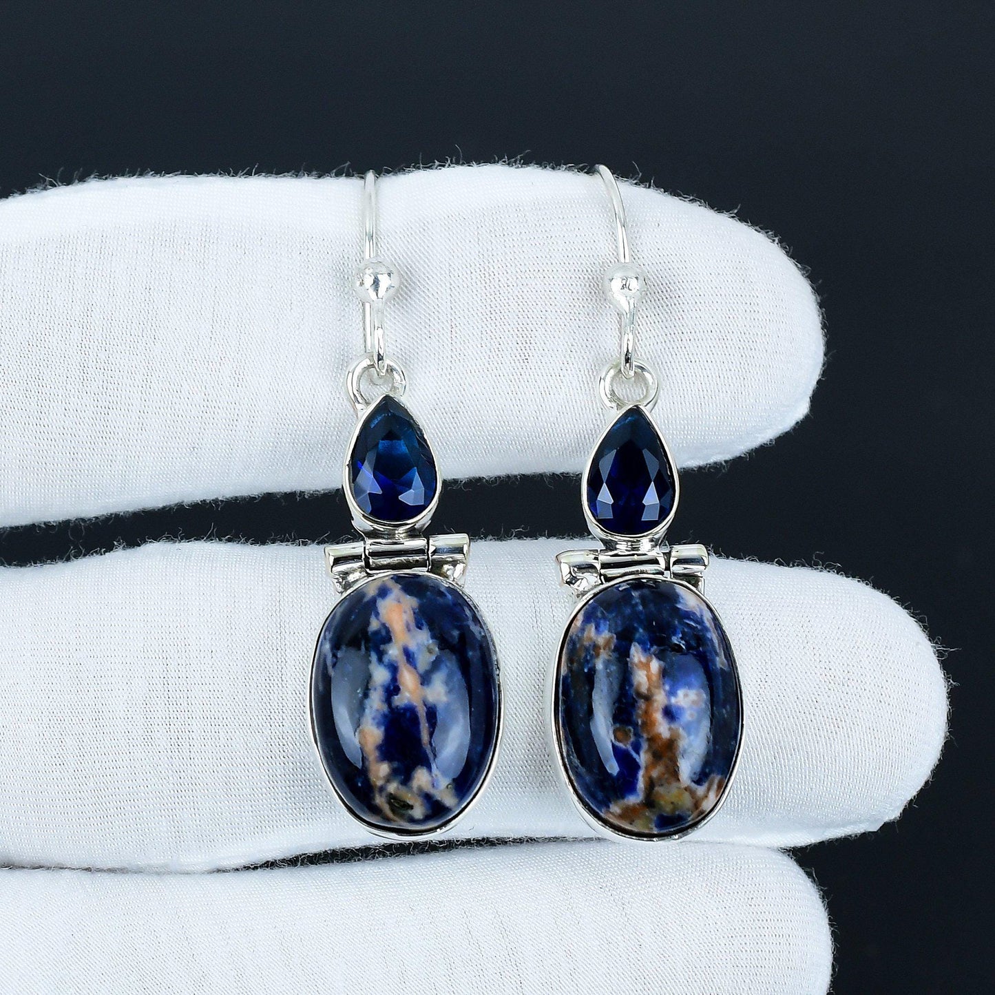 Blue Sodalite & Sapphire Gemstone Earrings