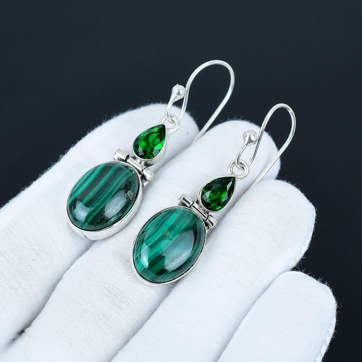 Green Malachite & Tourmaline Sterling Silver Drop Earrings