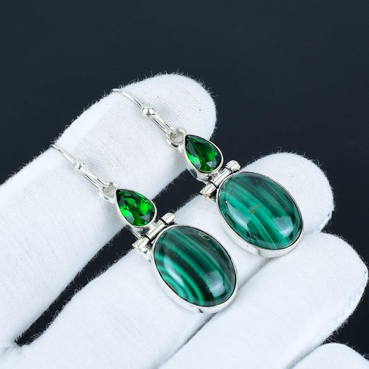 Green Malachite & Tourmaline Sterling Silver Drop Earrings