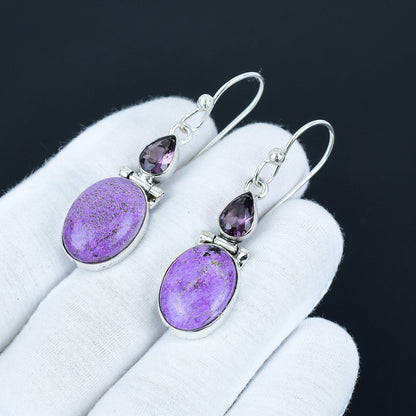 Purple Purpurite & Amethyst Sterling Silver Dangle Earrings