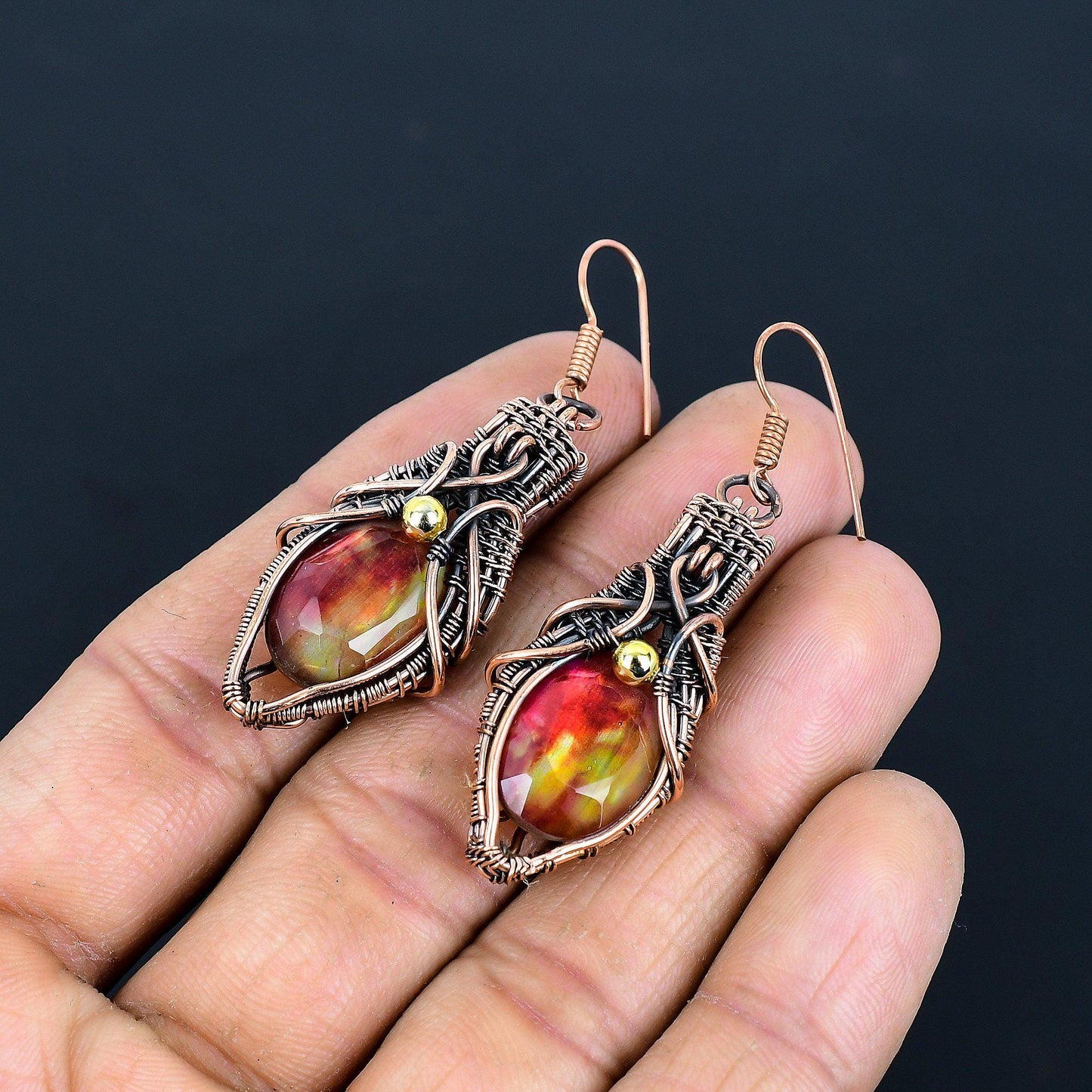 Multicolor Ammolite Gemstone Copper Wire Wrapped Dangle Earrings