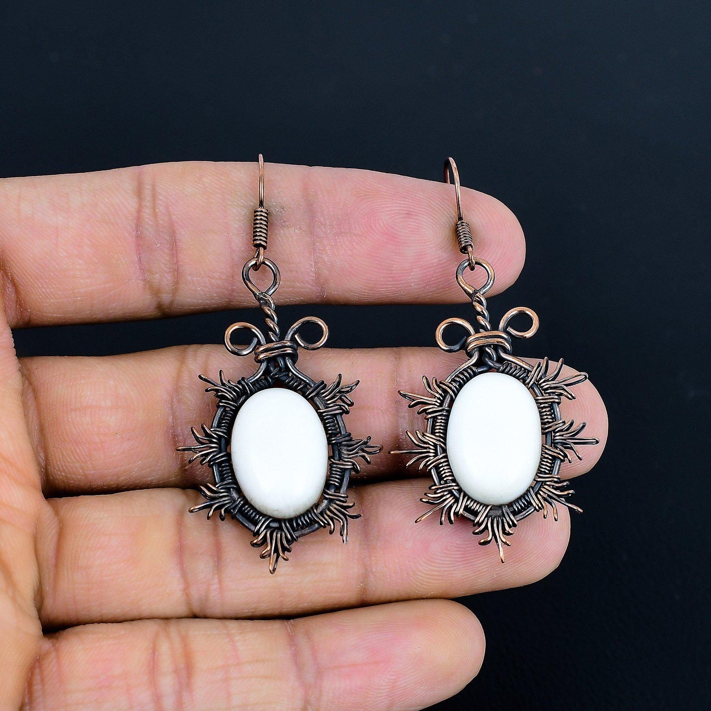 White Coral Gemstone Copper Dangle Earrings