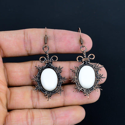 White Coral Gemstone Copper Dangle Earrings