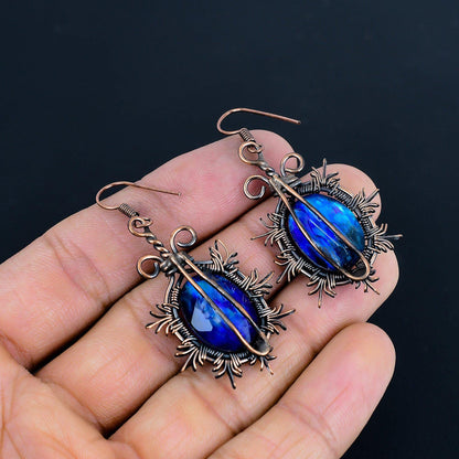 Multicolor Ammolite Gemstone Copper Wire Wrapped Earrings