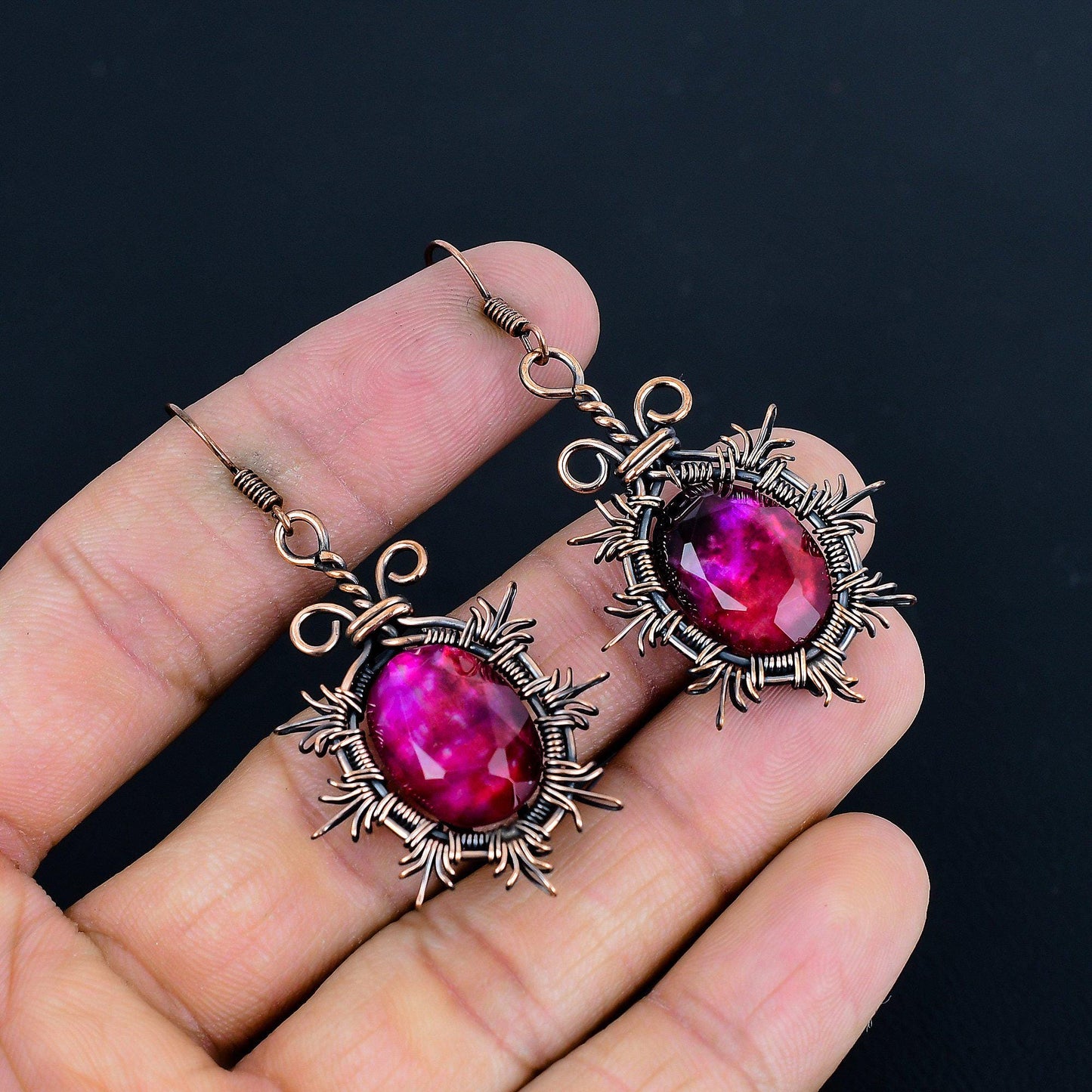 Rainbow Ammolite Gemstone Copper Dangle Earrings
