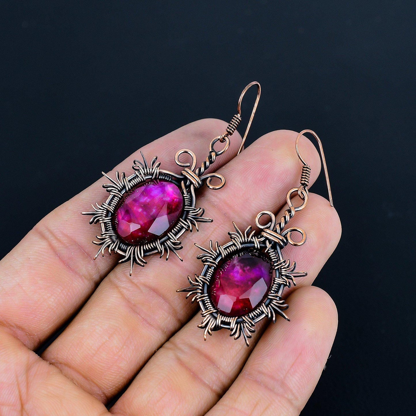Rainbow Ammolite Gemstone Copper Dangle Earrings