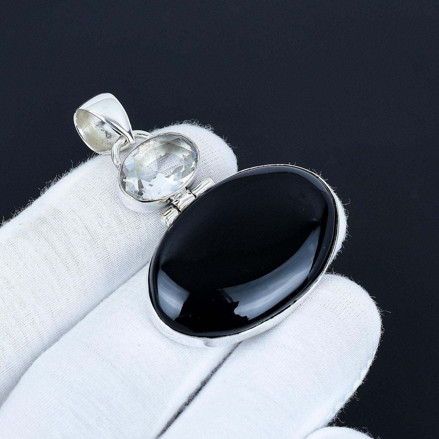 Black Onyx & White Topaz Silver Pendant