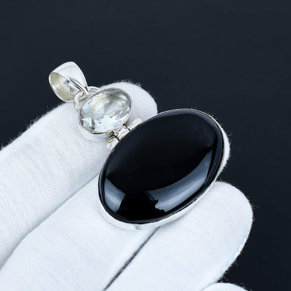 Black Onyx & White Topaz Silver Pendant