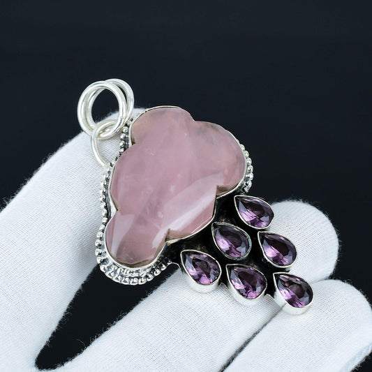 Pink Rose Quartz Amethyst Gemstone Pendant