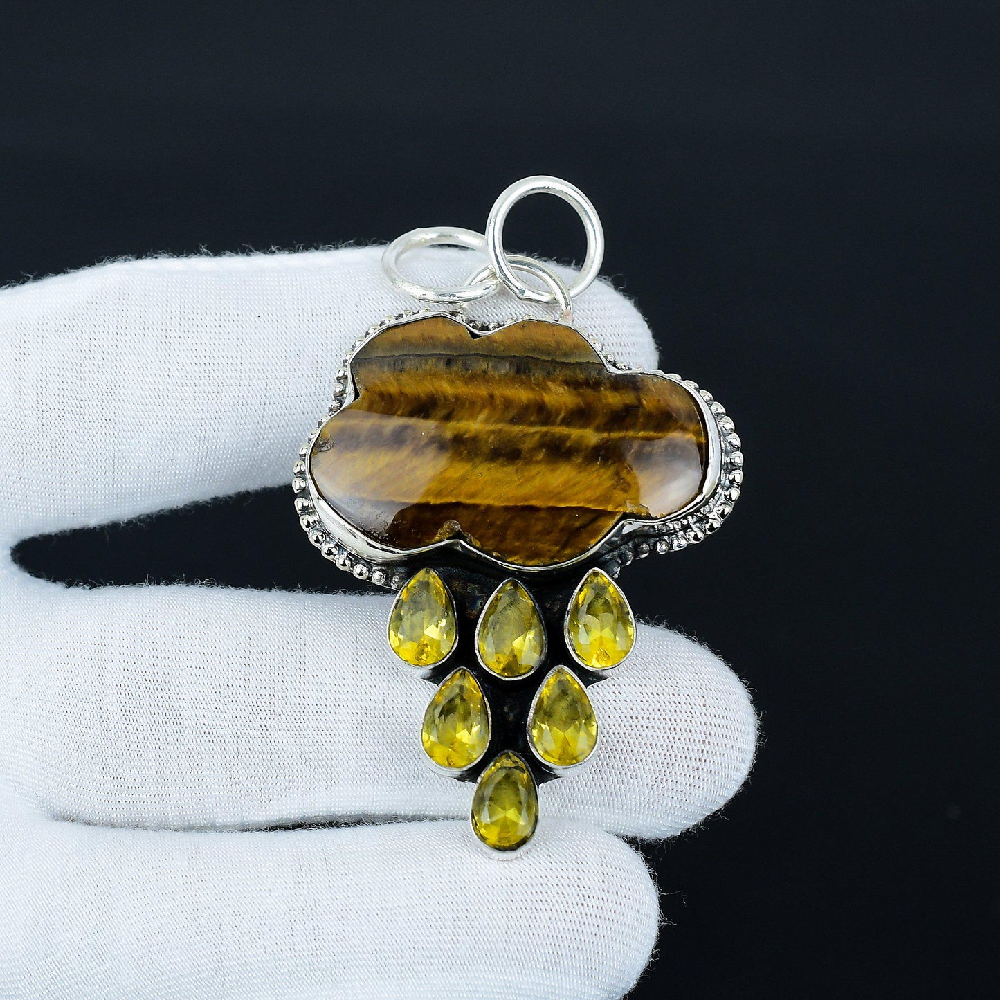 Brown Tiger’s Eye & Citrine Sterling Silver Pendant