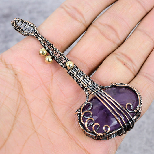 Purple Amethyst Gemstone Copper Guitar Pendant