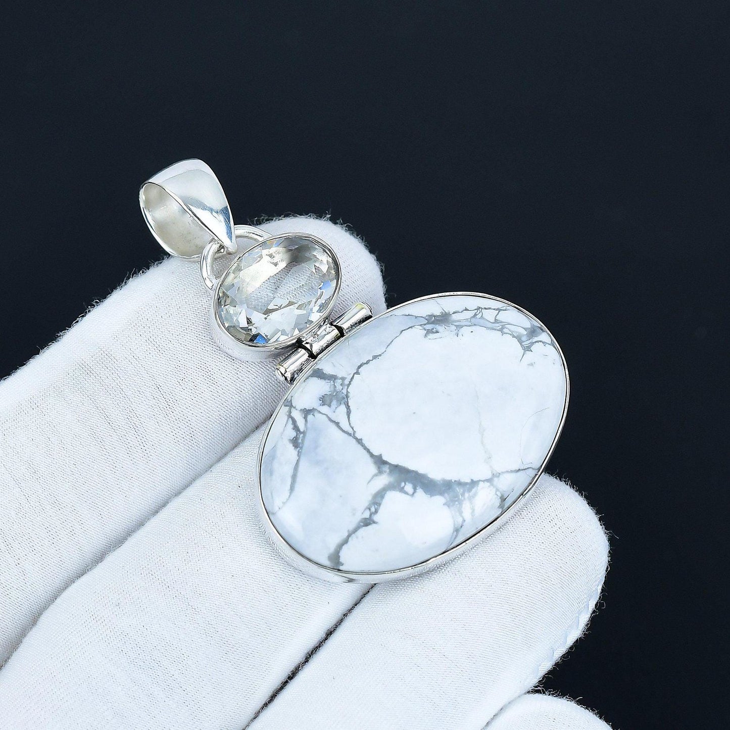 White Howlite & Blue Aquamarine Silver Pendant