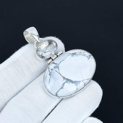 White Howlite & Blue Aquamarine Silver Pendant