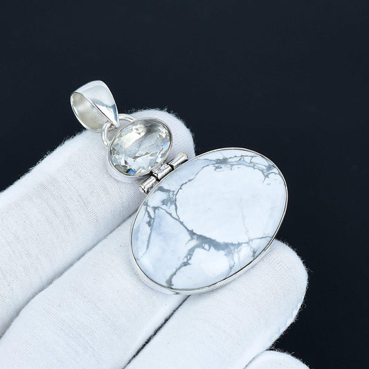 White Howlite & Blue Aquamarine Silver Pendant