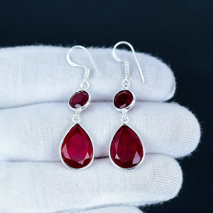 Red Ruby Cabochon Sterling Silver Earrings