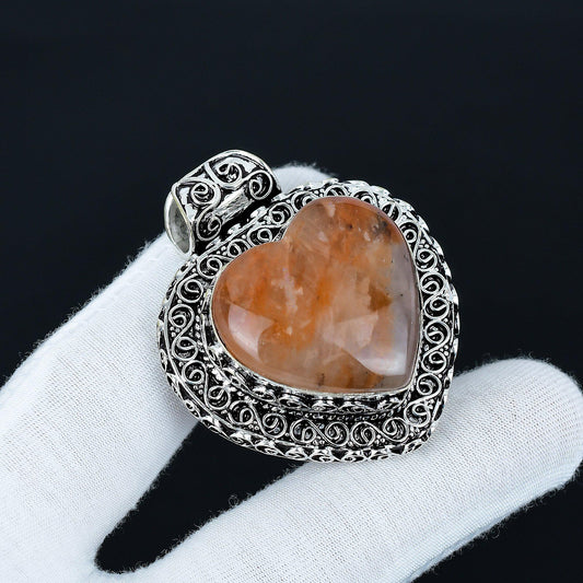 Orange Sunstone Heart Pendant in Vintage Sterling Silver Filigree