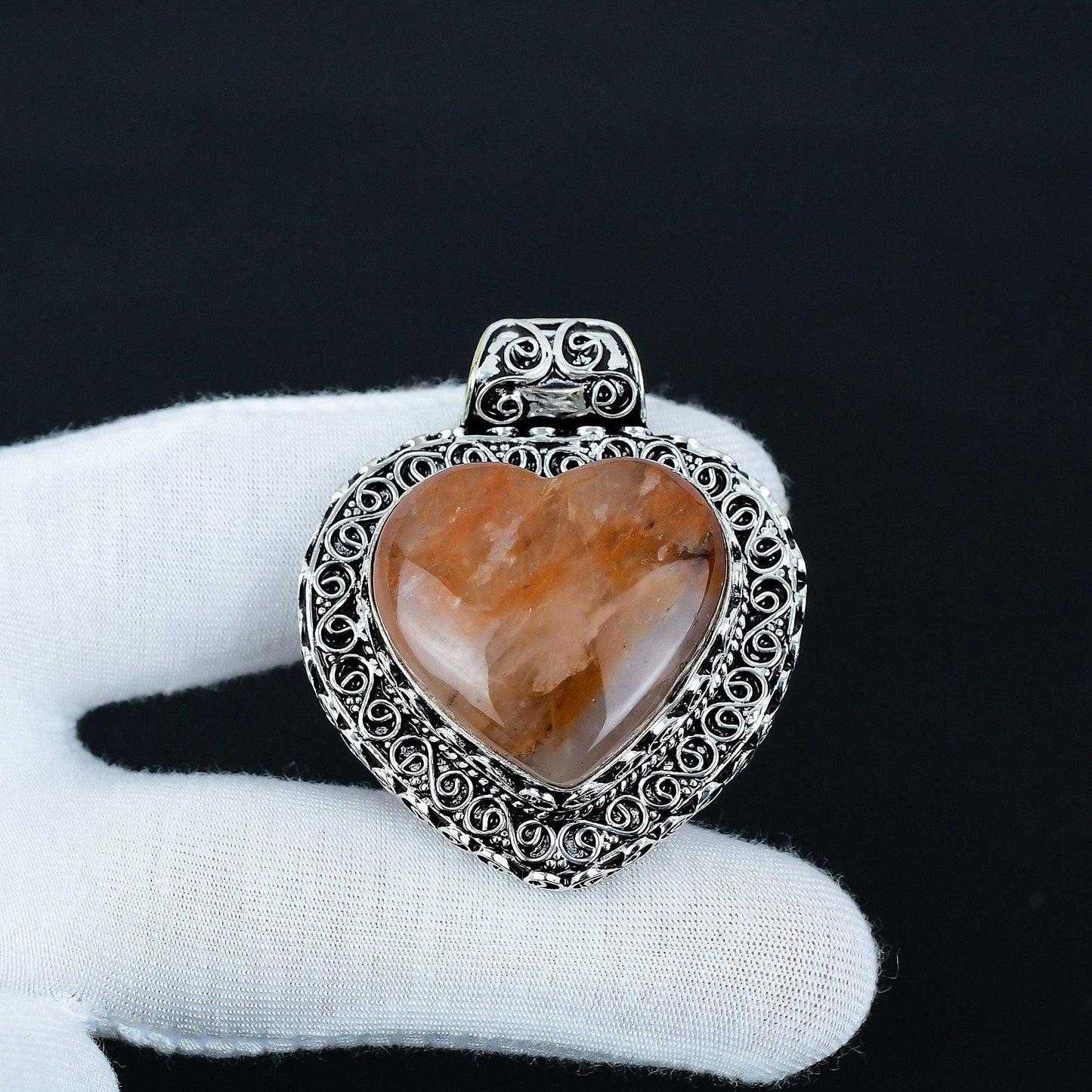 Orange Sunstone Heart Pendant in Vintage Sterling Silver Filigree