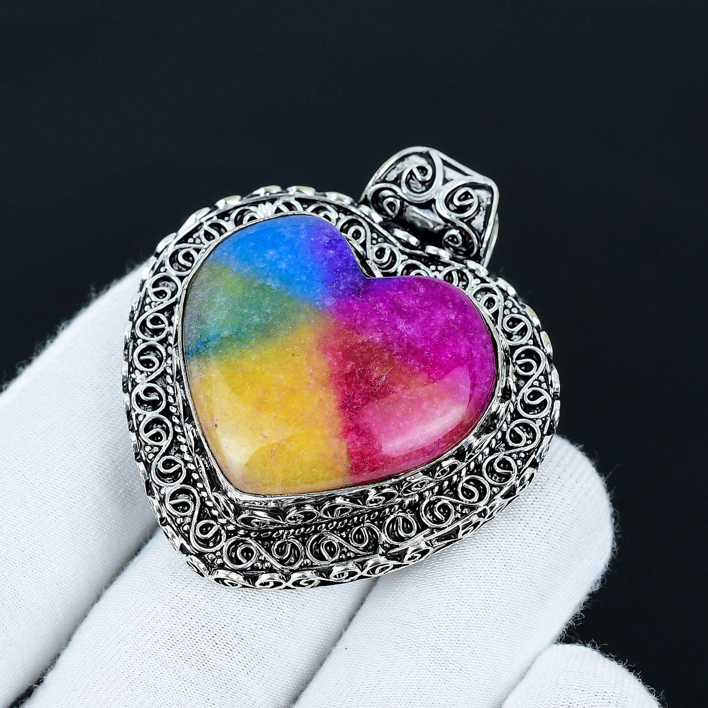 Rainbow Solar Quartz Heart Pendant