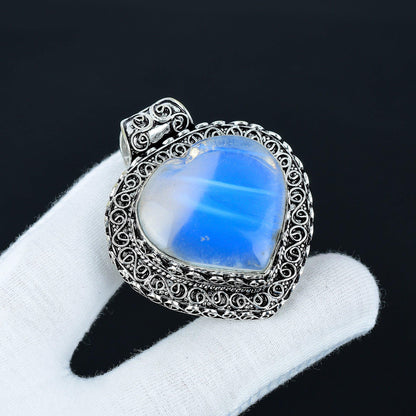 Milky White Opal Heart Pendant in Sterling Silver Filigree