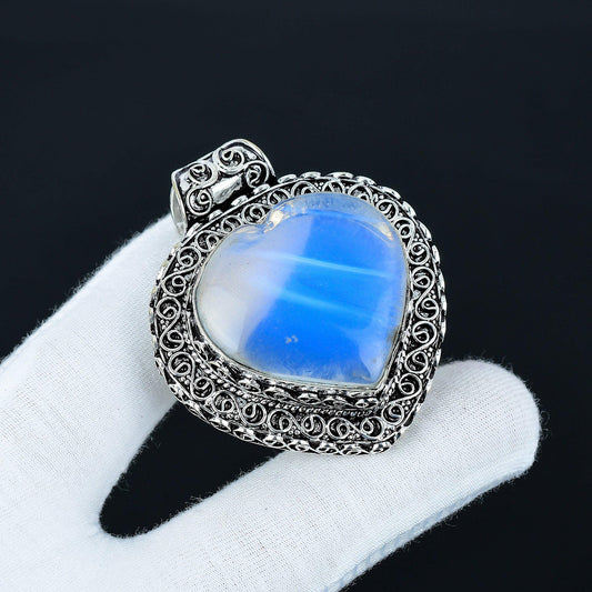 Milky White Opal Heart Pendant in Sterling Silver Filigree