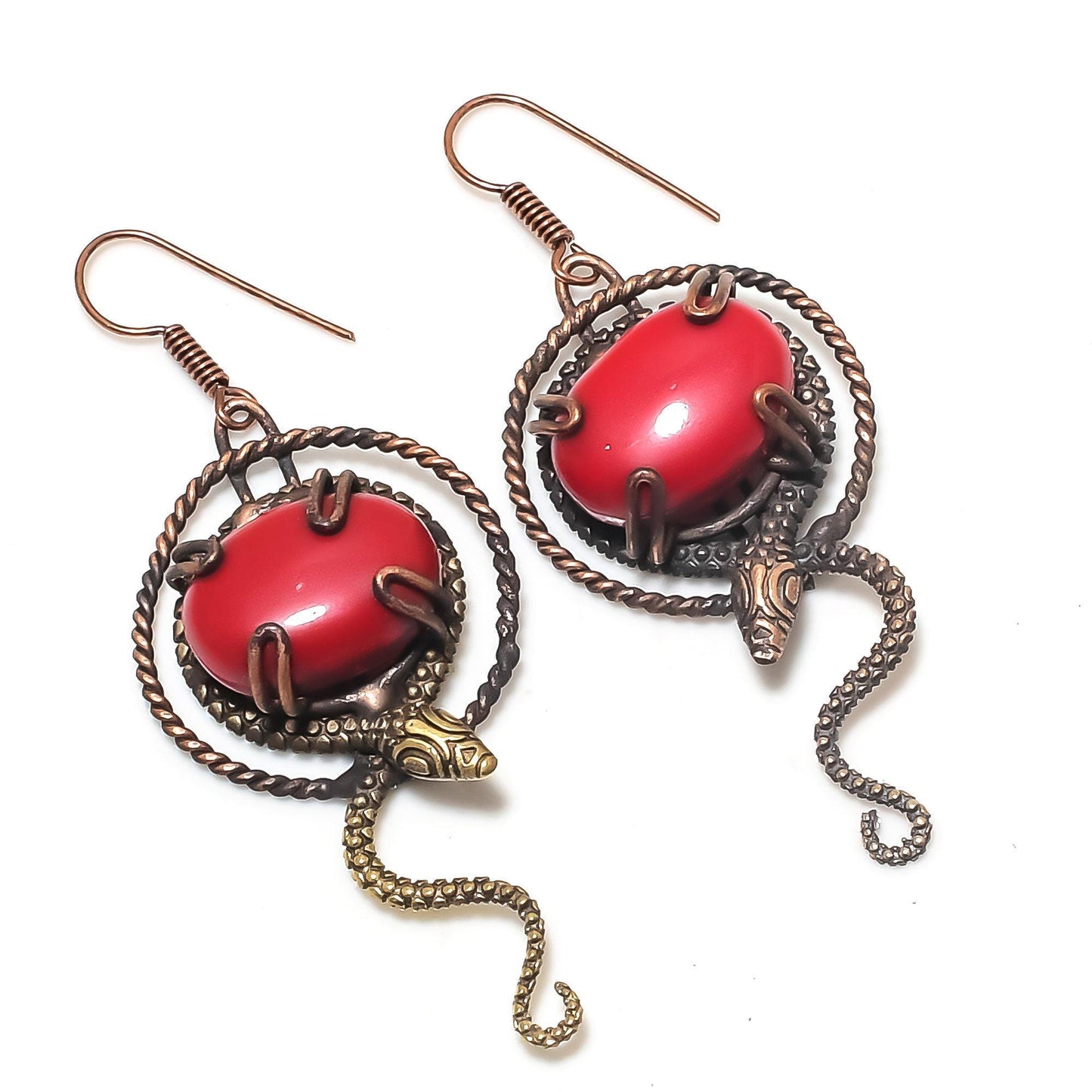 Red Coral Gemstone Copper Wire Earrings