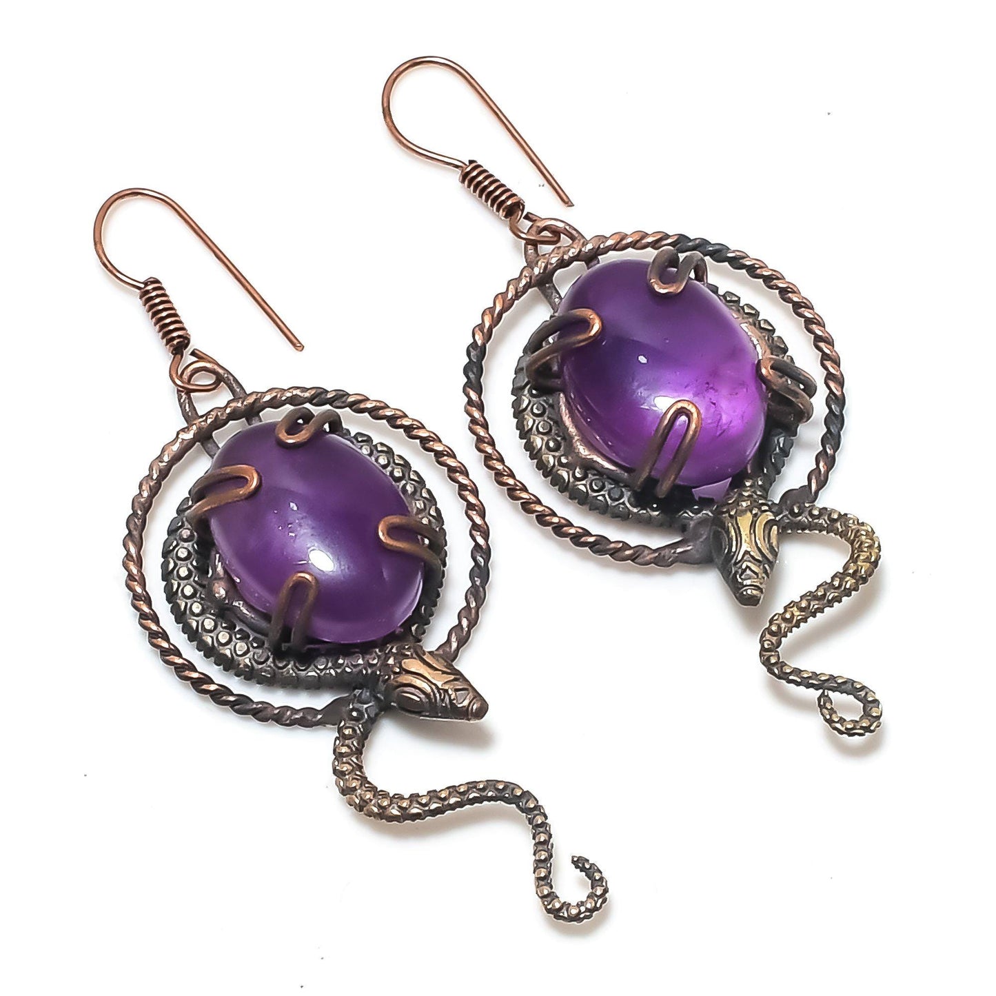 Purple Amethyst Gemstone Copper Dangle Earrings